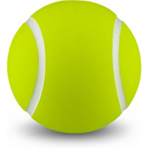 A bright yellow tennis ball featuring white stripes and a smooth surface, with a logo displayed.