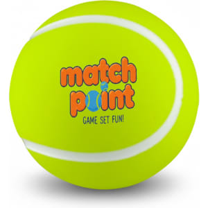 A bright yellow tennis ball with white seams and a logo on the surface.