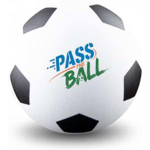 A white high bounce soccer ball with black patches and a logo featuring the words "PASS THE BALL."