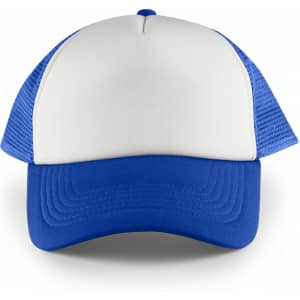 A white front trucker mesh cap with a blue brim and blue mesh sides, featuring a logo.