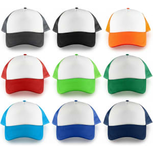 A collection of ten trucker caps featuring a white front and various coloured mesh backs in grey, black, orange, red, green, blue, and navy.