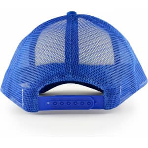 A blue trucker cap with a mesh back and an adjustable strap at the rear, featuring a logo.