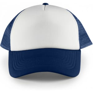 A white and navy blue 5 panel trucker mesh cap featuring a structured front and mesh sides.