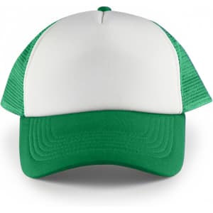 A green and white trucker cap featuring a solid front panel and mesh sides, complete with a logo.