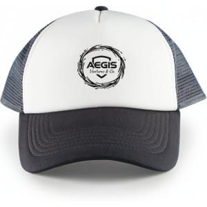 A white and grey 5 panel trucker mesh cap with a logo on the front and a curved peak.