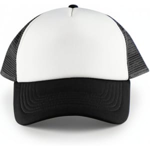 A white front trucker cap with black peak and mesh grey sides, featuring a logo on the front.