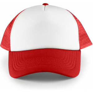 A white front trucker cap with red mesh sides and a red visor. It features a logo on the front.