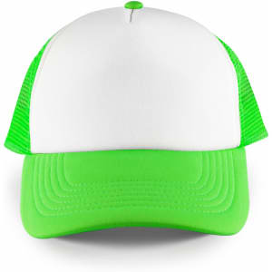 A trucker mesh cap featuring a white front and bright green visor and mesh sides, with a logo on the front.