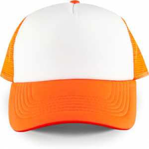 A five-panel trucker cap featuring a white front and orange mesh sides and brim, complete with a logo.