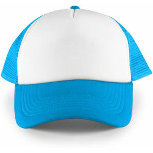 A white front 5 panel trucker mesh cap with blue sides and brim. It features a logo on the front.