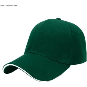 A dark green cap with a white stripe along the brim and a logo on the front.