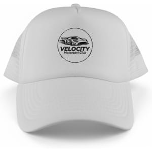 A white trucker cap featuring a circular logo and mesh panels for breathability.