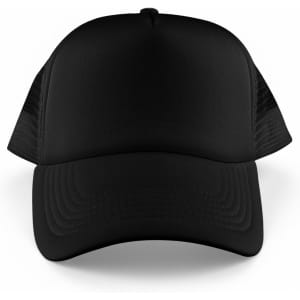 A black 5 panel trucker mesh cap with a solid front and mesh side panels, featuring a logo.