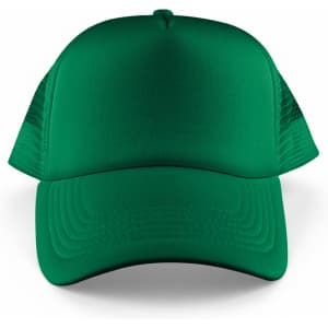 A green 5-panel trucker mesh cap featuring a solid front and mesh side panels. It has a logo on the front.
