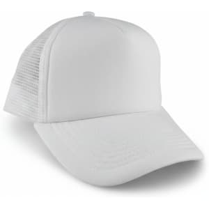A white classic 5-panel trucker mesh cap with a solid front and mesh sides, featuring a logo.