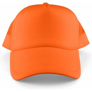 An orange Classic 5 Panel Trucker Mesh Cap with a solid front and mesh sides, featuring a logo.