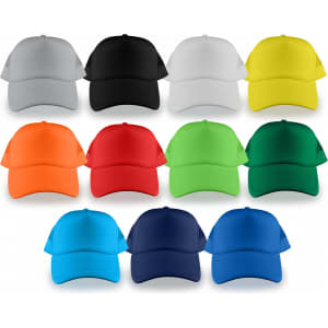 A collection of Classic 5 Panel Trucker Mesh Caps in various colours: grey, black, white, yellow, red, orange, green, navy, and blue.