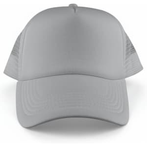 A grey Classic 5 Panel Trucker Mesh Cap with a solid front and mesh side panels, featuring a logo.