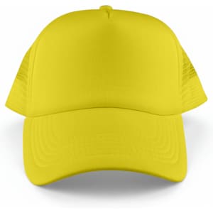 A bright yellow Classic 5 Panel Trucker Mesh Cap with a solid front panel and mesh sides. Features a logo.
