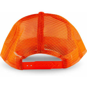 An orange 5-panel trucker cap featuring a mesh back and an adjustable snap closure.