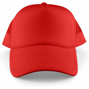 A red Classic 5 Panel Trucker Mesh Cap with a solid front and mesh sides, featuring a logo.