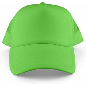 A bright green Classic 5 Panel Trucker Mesh Cap with a solid front and mesh sides. It features a logo.