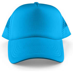 A bright blue five-panel trucker cap featuring a solid front and mesh sides, with a logo present.