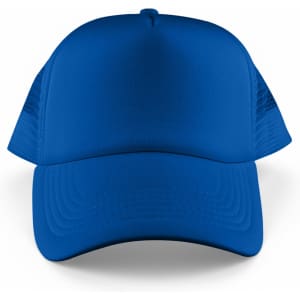 A blue Classic 5 Panel Trucker Mesh Cap featuring a solid front and mesh back, with a logo on the front.