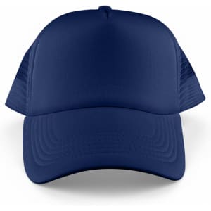 A navy blue Classic 5 Panel Trucker Mesh Cap with a solid front and mesh sides, featuring a branding logo.