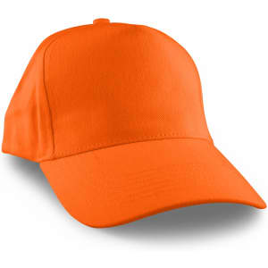 An orange cap with a curved brim and a structured design, featuring a logo on the front.