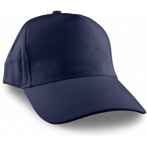 A navy blue cap with a structured design and a curved brim, featuring a logo on the front.