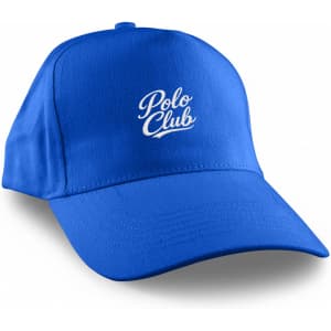 A blue cap with a curved brim, featuring a logo on the front.