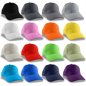 A collection of caps in various colours, including black, grey, white, pink, orange, yellow, green, blue, and purple. Each cap has a logo.