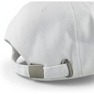 A white cap with a metal clasp at the back and a textured fabric finish. It features a branding logo.