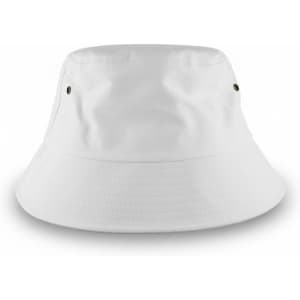 A large white bucket hat featuring eyelets and a wide brim. It includes a logo on the side.