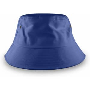 A large blue bucket hat with a structured brim and attached branding.