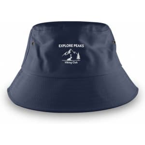 A navy blue bucket hat with a logo featuring mountains and the text "EXPLORE PEAKS Hiking Club."