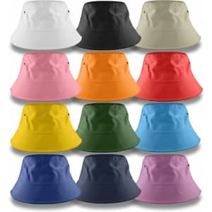 A collection of bucket hats in various colours: white, black, beige, pink, orange, red, yellow, green, blue, and purple. Each hat has a logo.