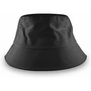 A black bucket hat with a wide brim and ventilation holes, featuring branding on the side.