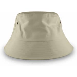 A beige bucket hat with ventilation eyelets and a wide brim. It features a logo on one side.