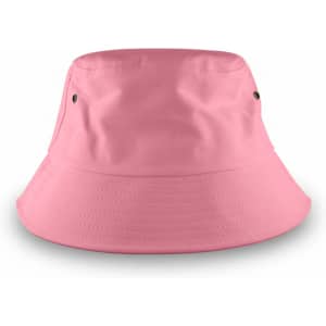 A large pink bucket hat with eyelets on either side and a wide brim, featuring a logo.
