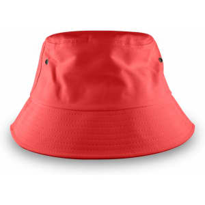 A large, bright red bucket hat with ventilation eyelets, featuring a simple, unembellished design.