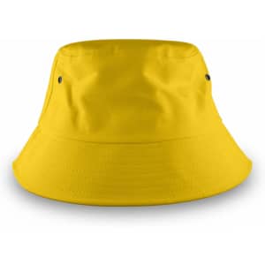 A yellow bucket hat with a wide brim and small ventilation holes, featuring a logo on the side.