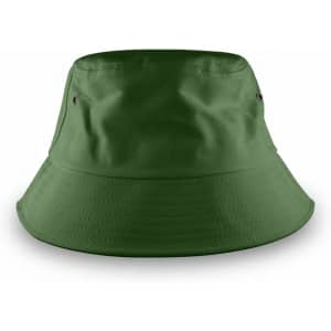 A green bucket hat with a wide brim and ventilation eyelets, featuring a simple design and soft fabric.