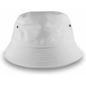 A white bucket hat featuring a simple, unembellished design and a small logo on the side.