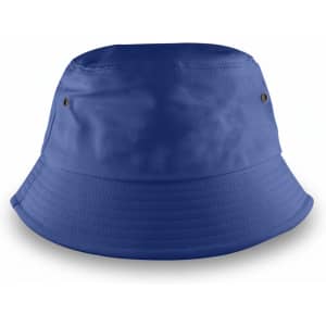 A blue bucket hat with a wide brim, featuring two metal eyelets on the sides.