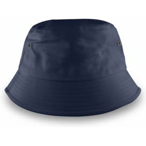 A navy blue bucket hat with a rounded crown and wide brim, featuring a logo.