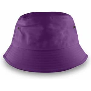 A purple bucket hat with a wide brim and metal eyelets for ventilation. It features a simple design and has a logo.