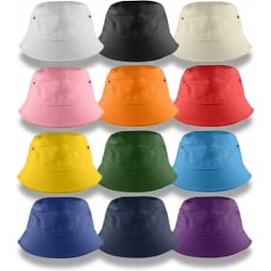 A collection of bucket hats in various colours, including black, pink, orange, green, and blue, with logo branding.