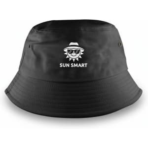 A black bucket hat featuring a logo. The hat has a wide brim and a casual design.
